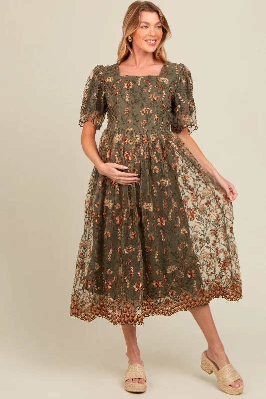 Olive Floral Embroidered Mesh Overlay Maternity Midi Dress Stylish Tiered Midi Dress Olive Floral Embroidered Mesh Overlay Maternity Midi Dress Stylish Tiered Midi Dress