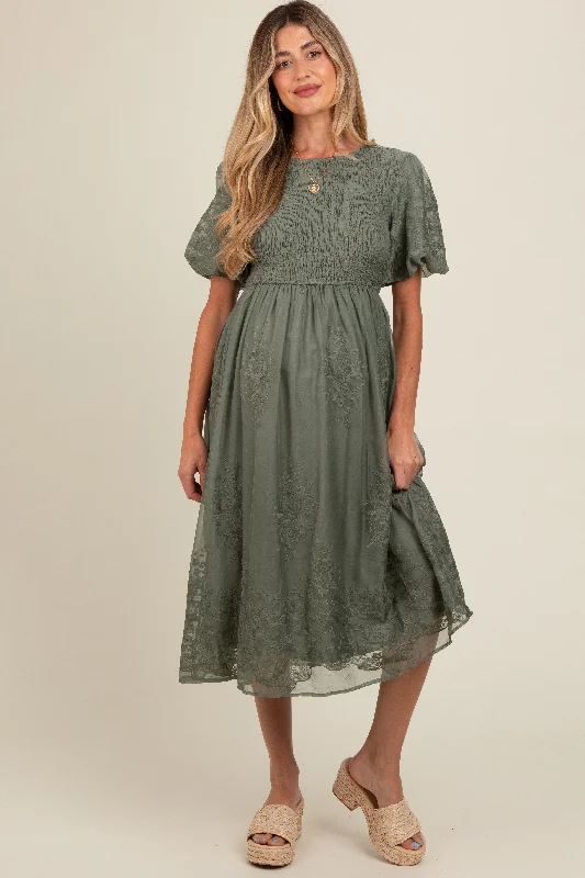 Olive Floral Lace Smocked Maternity Midi Dress Comfortable Short Sleeve Midi Dress