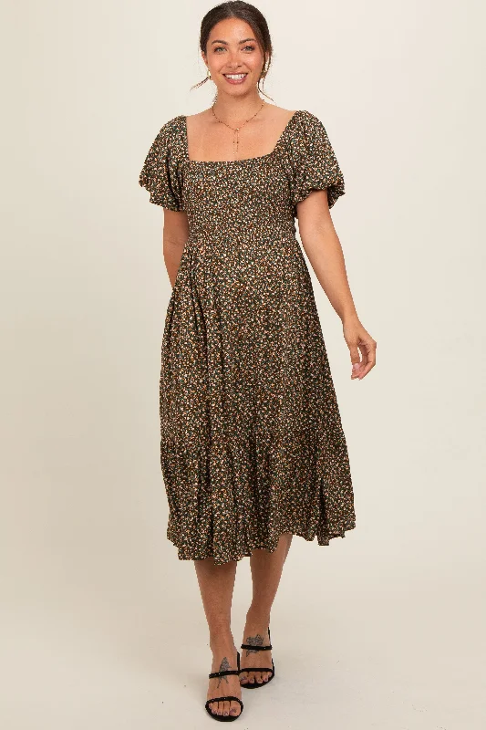 Olive Floral Smocked Maternity Midi Dress Classic Black Midi Dress