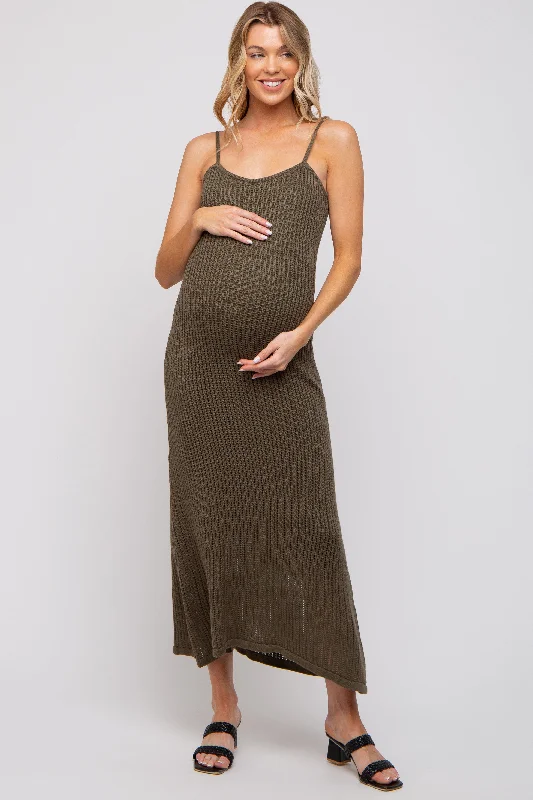 Olive Open Knit Crochet Maternity Midi Dress Elegant Maxi-Midi Hybrid Dress