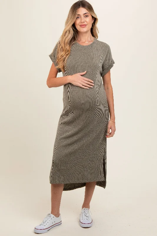 Olive Ribbed Short Sleeve Maternity Midi Dress Trendy Floral Wrap Midi Dress
