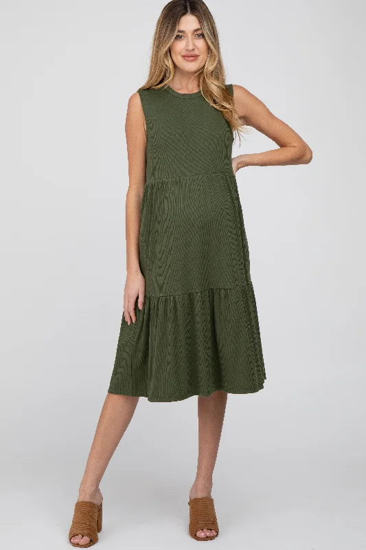 Olive Ribbed Tiered Maternity Midi Dress Comfortable Draped Midi Dress