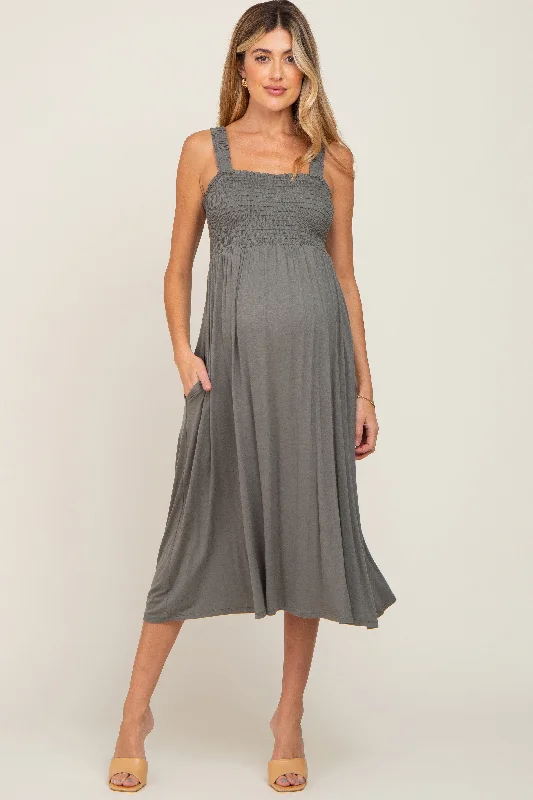 Olive Smocked Ruffle Strap Maternity Midi Dress Fashionable Floral Embroidery Midi Dress Olive Smocked Ruffle Strap Maternity Midi Dress Fashionable Floral Embroidery Midi Dress