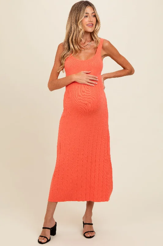 Orange Knit Ribbed Fitted Maternity Midi Dress Comfortable Knitwear Midi Dress