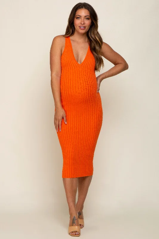 Orange Ribbed Knit Fitted V-Neck Maternity Midi Dress Cozy Spaghetti Strap Midi Dress Orange Ribbed Knit Fitted V-Neck Maternity Midi Dress Cozy Spaghetti Strap Midi Dress