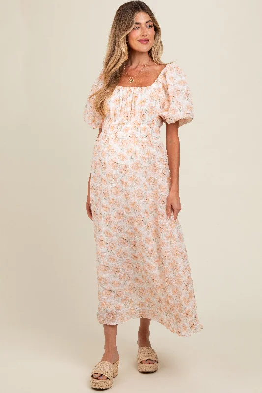 Peach Floral Puff Sleeve Maternity Midi Dress Elegant Puff Sleeve Midi Dress