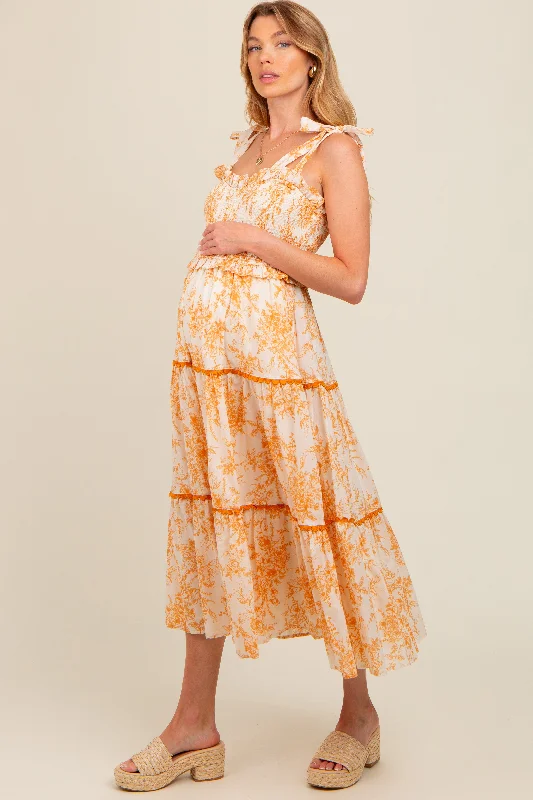 Peach Floral Sleeveless Ruffle Tiered Maternity Midi Dress Comfortable Lace-Up Midi Dress Peach Floral Sleeveless Ruffle Tiered Maternity Midi Dress Comfortable Lace-Up Midi Dress
