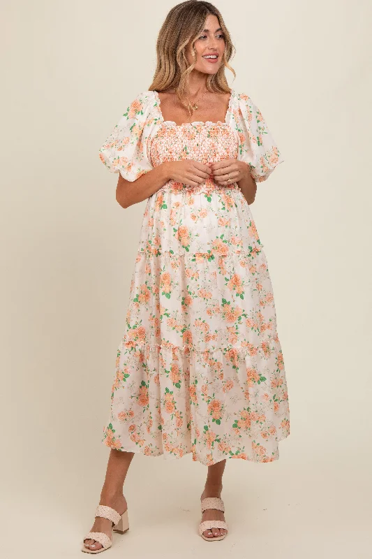 Peach Floral Smocked Puff Sleeve Maternity Midi Dress Comfortable Knitwear Midi Dress Peach Floral Smocked Puff Sleeve Maternity Midi Dress Comfortable Knitwear Midi Dress