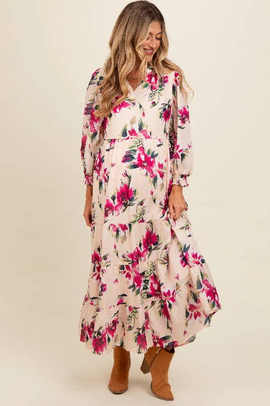 Peach Floral V-Neck Tiered Maternity Midi Dress Trendy Fit-and-Flare Midi Dress