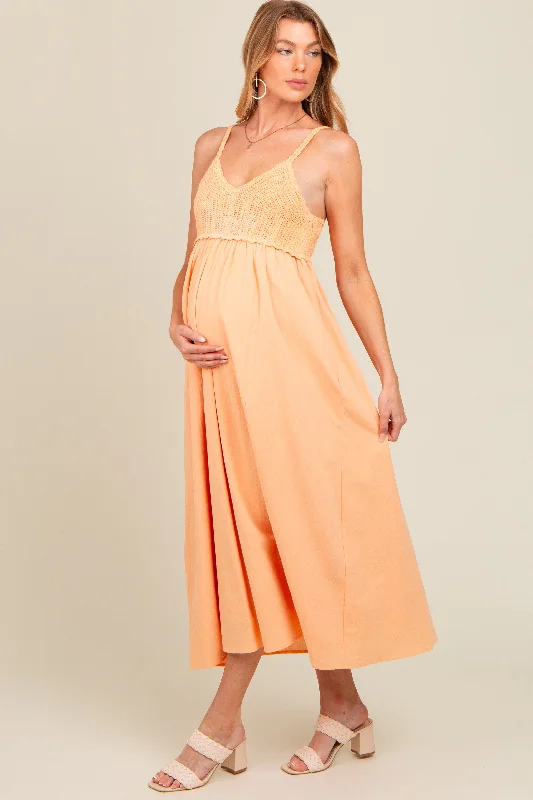 Peach V-Neck Crochet Top Maternity Midi Dress Trendy Ruffled Sleeve Midi Dress