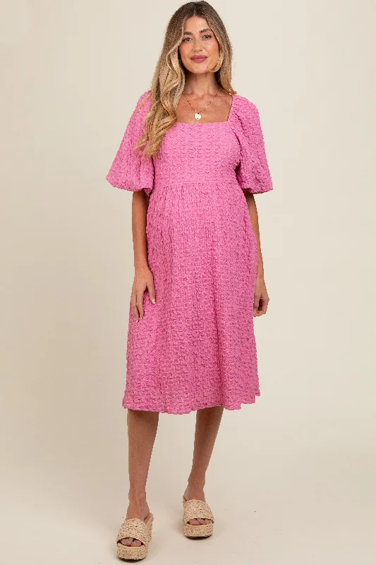 Pink Floral Jacquard Maternity Midi Dress Stylish Cold Shoulder Midi Dress