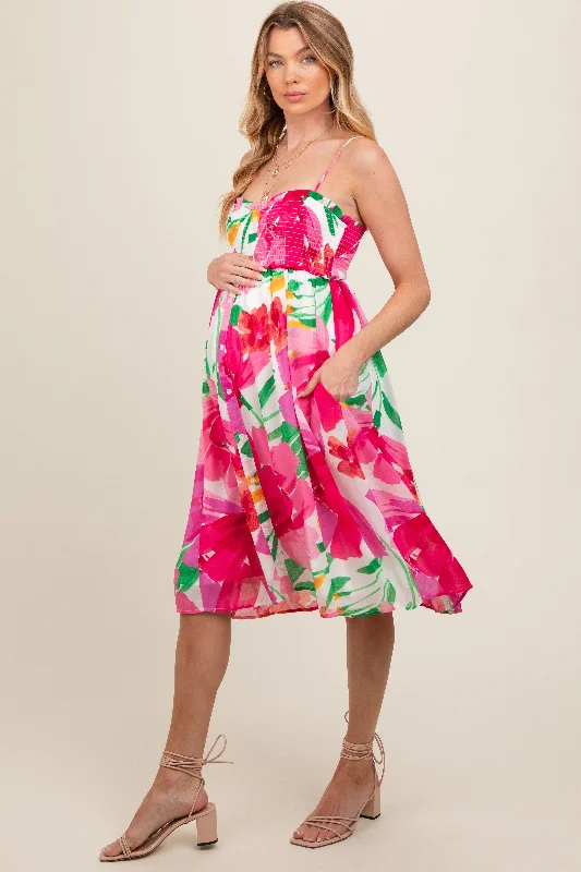 Pink Floral Smocked Chiffon Maternity Midi Dress Fashionable A-Line Midi Dress