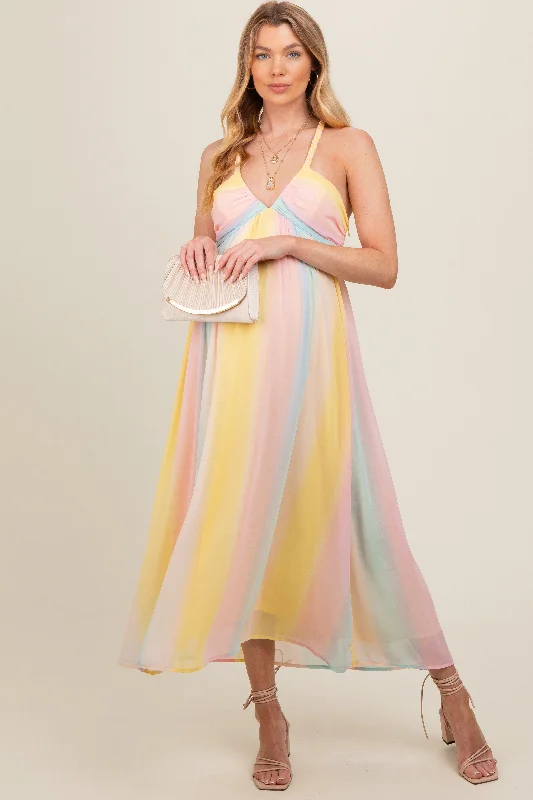 Pink Ombre Striped Braided Strap Maternity Midi Dress Elegant Faux Wrap Midi Dress