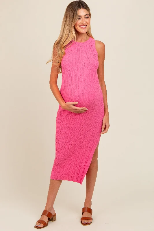 Pink Ribbed Side Slit Sleeveless Maternity Midi Dress Stylish Off-Shoulder Ruffle Dress Pink Ribbed Side Slit Sleeveless Maternity Midi Dress Stylish Off-Shoulder Ruffle Dress
