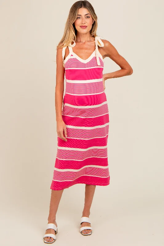 Pink Striped Shoulder Tie Side Slit Maternity Midi Dress Cozy Knit Midi Dress