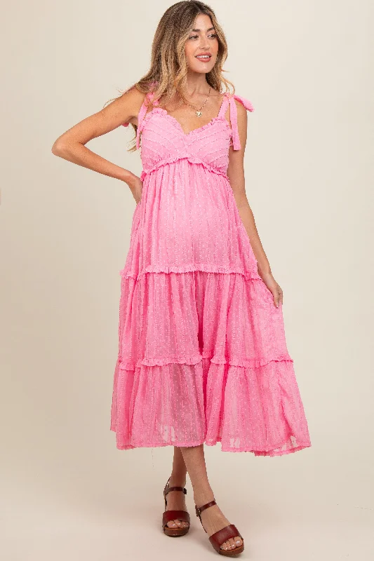 Pink Textured Tie Strap Tiered Maternity Midi Dress Elegant Pleated Detail Midi Dress Pink Textured Tie Strap Tiered Maternity Midi Dress Elegant Pleated Detail Midi Dress