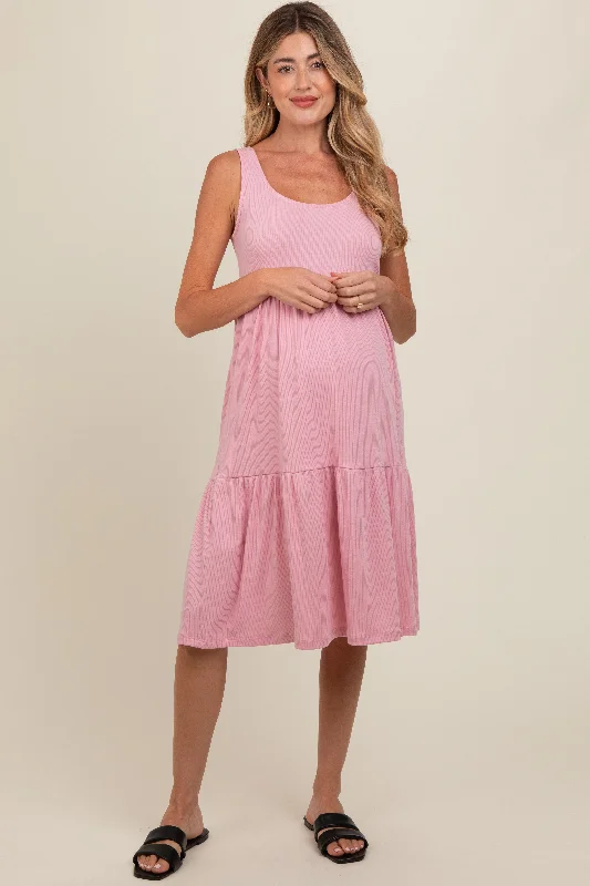 Pink Tiered Sleeveless Maternity Midi Dress Comfortable Short Sleeve Midi Dress