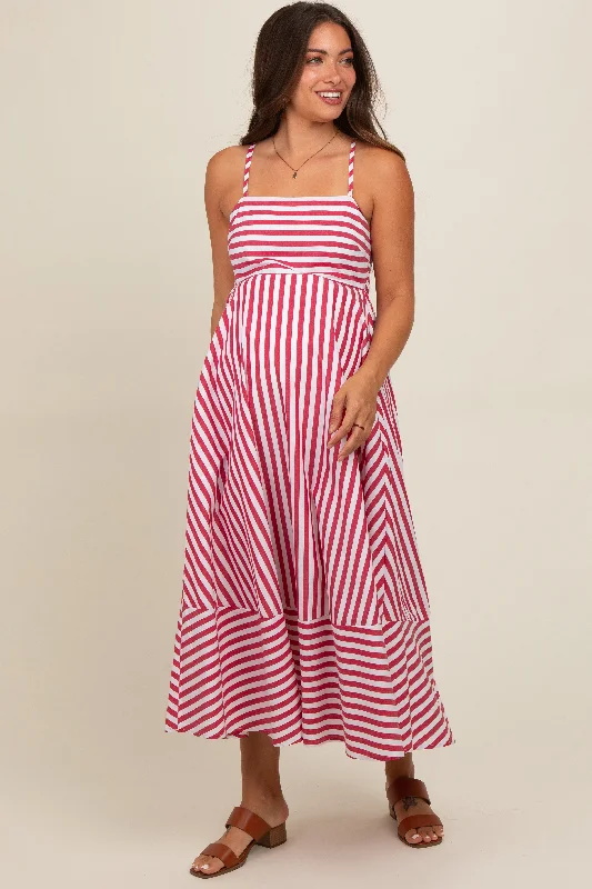 Red Contrast Stripe Maternity Midi Dress Elegant Floral Skirt Midi Dress