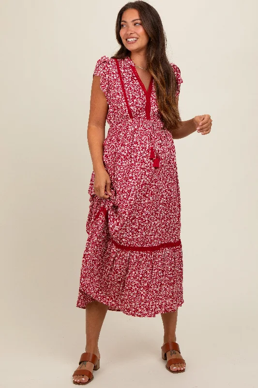 Red Floral Lace Trim Maternity Midi Dress Comfortable Sleeveless Midi Dress