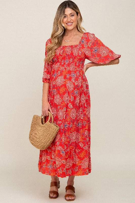 Red Floral Smocked Square Neck Tiered Maternity Midi Dress Trendy Mock Neck Midi Dress Red Floral Smocked Square Neck Tiered Maternity Midi Dress Trendy Mock Neck Midi Dress