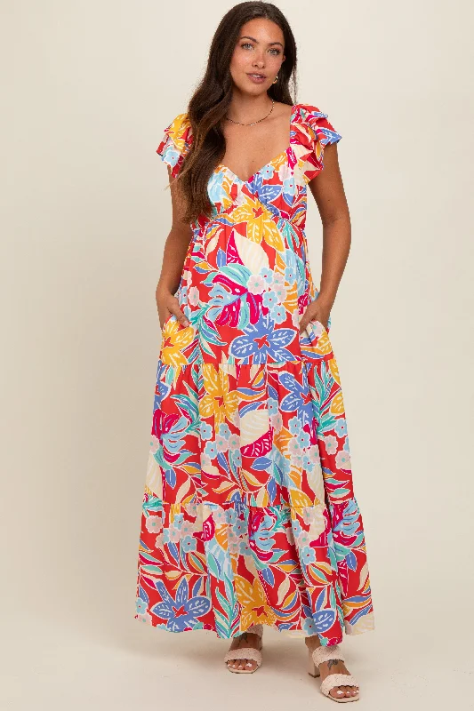 Red Floral V-Neck Layered Flutter Short Sleeve Maternity Midi Dress Comfortable Knitwear Midi Dress Red Floral V-Neck Layered Flutter Short Sleeve Maternity Midi Dress Comfortable Knitwear Midi Dress