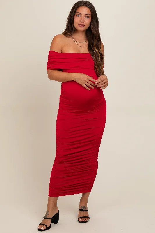 Red Off Shoulder Ruched Maternity Midi Dress Fashionable Polka Dot Midi Dress