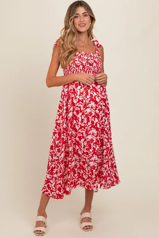 Red Printed Smocked Shoulder Tie Maternity Midi Dress Cozy A-Line Midi Dress