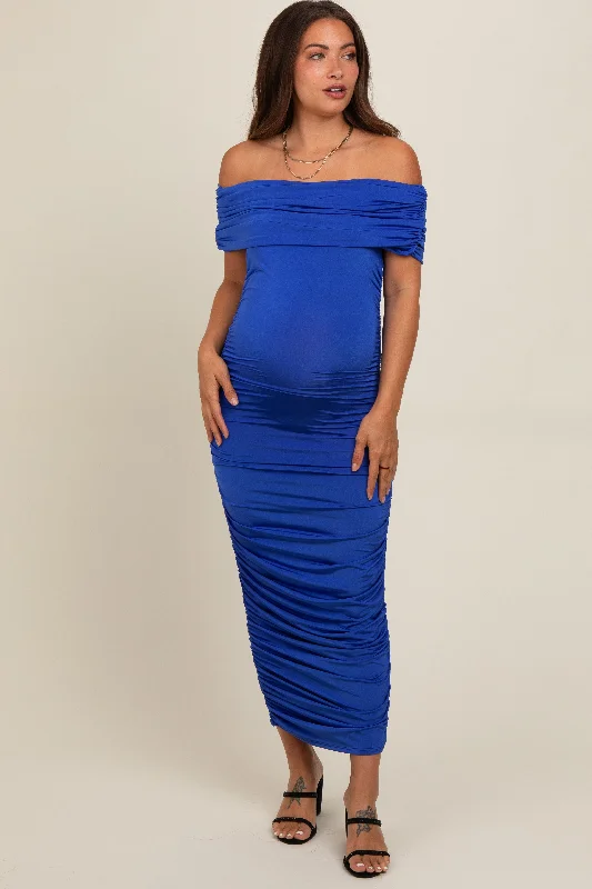 Royal Blue Off Shoulder Ruched Maternity Midi Dress Stylish Silk Midi Dress
