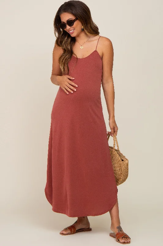 Rust Basic Maternity Midi Dress Comfortable Button Front Midi Dress
