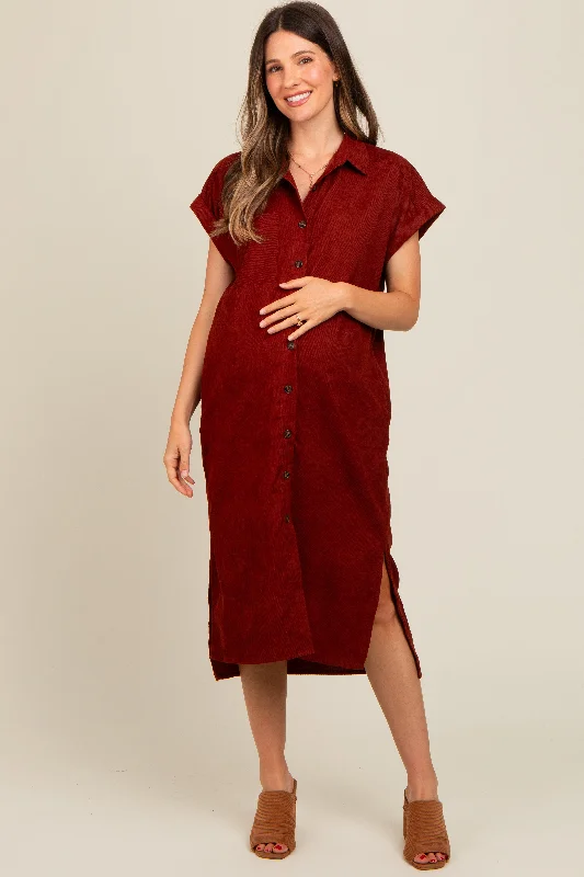 Rust Corduroy Button Down Maternity Midi Dress Fashionable Pleated Midi Dress