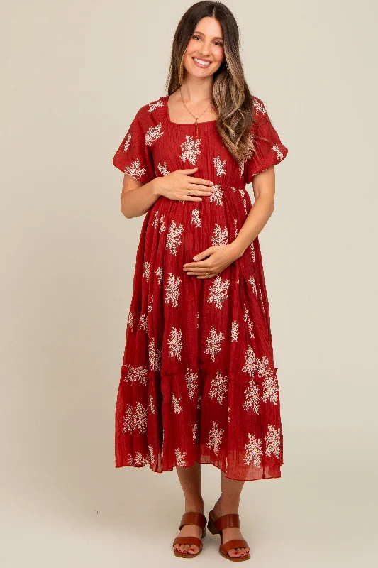 Rust Floral Print Ruffle Hem Maternity Midi Dress Trendy Smocked Waist Midi Dress