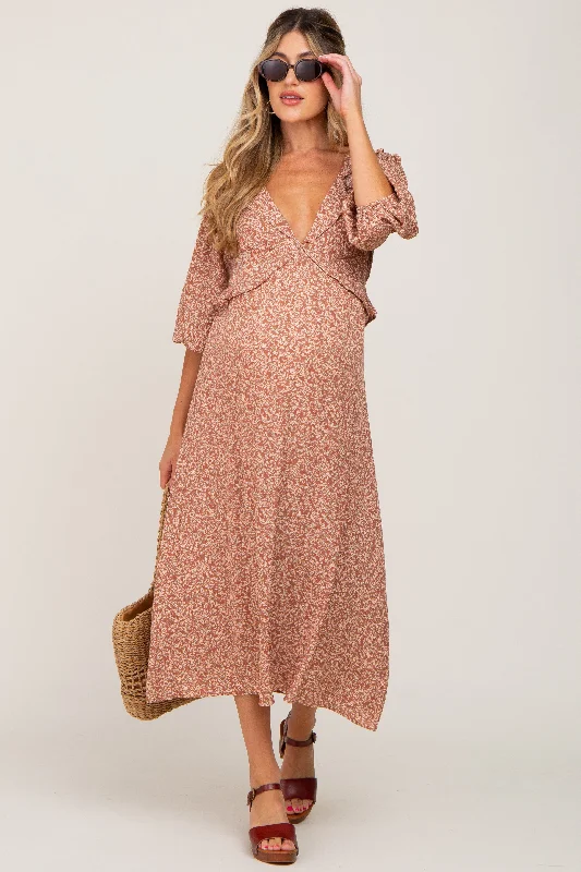 Rust Floral Ruffle V-Neck Maternity Midi Dress Chic Lace Detail Midi Dress