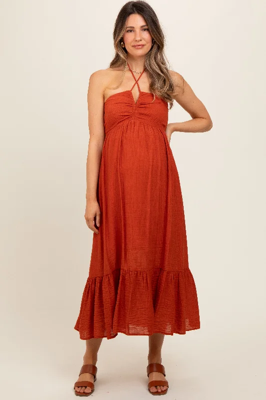 Rust Halter Maternity Midi Dress Elegant Pleated Detail Midi Dress
