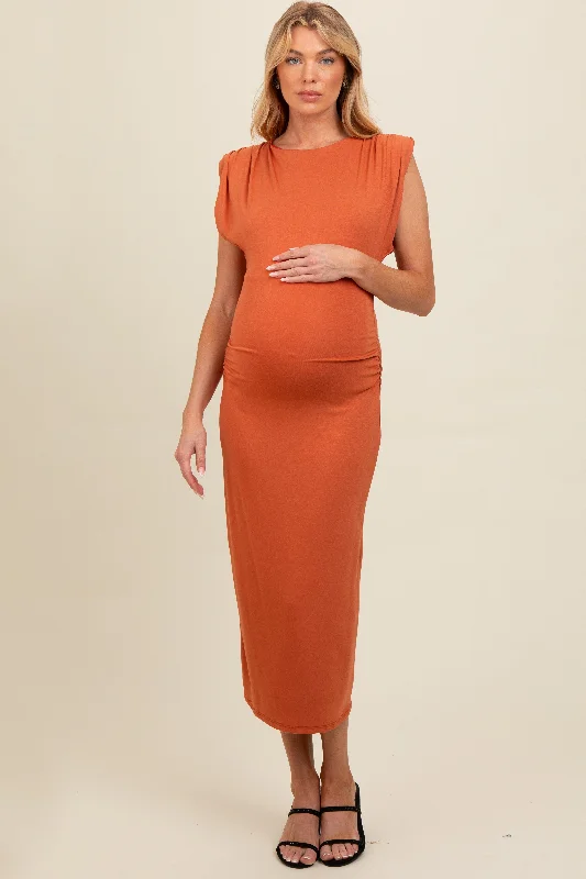 Rust Padded Shoulder Fitted Maternity Midi Dress Stylish Striped Midi Dress