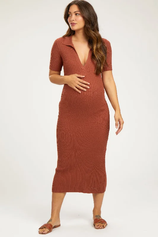 Rust Ribbed Collared V-Neck Maternity Midi Dress Comfortable Knitwear Midi Dress