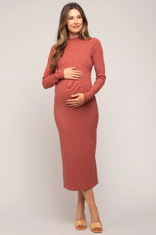 Rust Ribbed Mock Neck Maternity Midi Dress Comfortable Fit-and-Flare Midi Dress