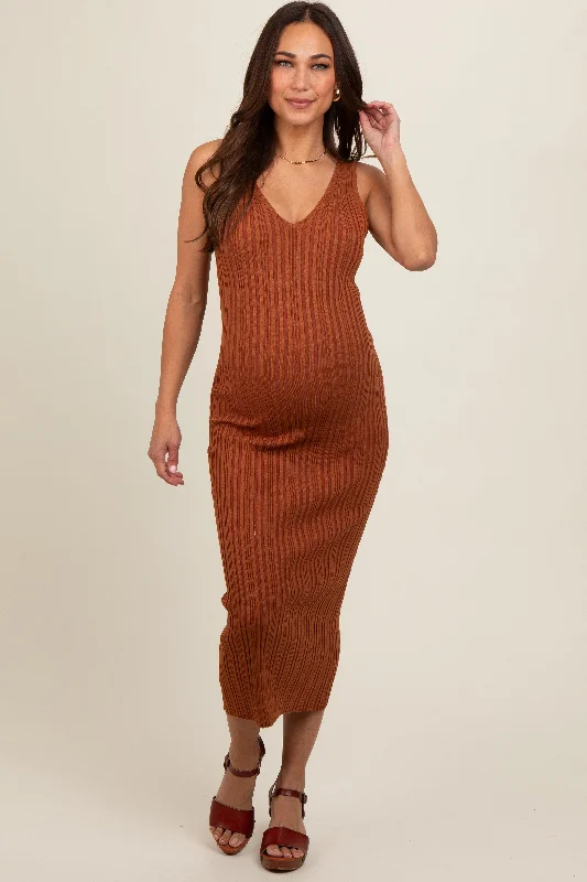 Rust V Neck Sleeveless Knit Maternity Midi Dress Trendy Shift Midi Dress