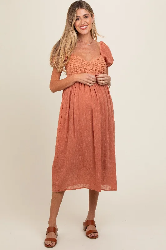 Salmon Crochet Front Short Puff Sleeve Maternity Midi Dress Comfortable Wrap Midi Dress Salmon Crochet Front Short Puff Sleeve Maternity Midi Dress Comfortable Wrap Midi Dress