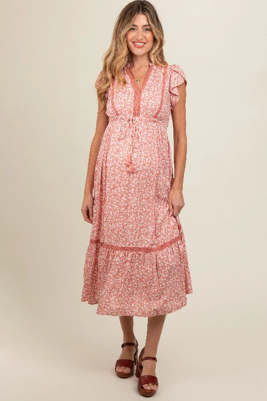 Salmon Floral Lace Trim Maternity Midi Dress Stylish Silk Midi Dress