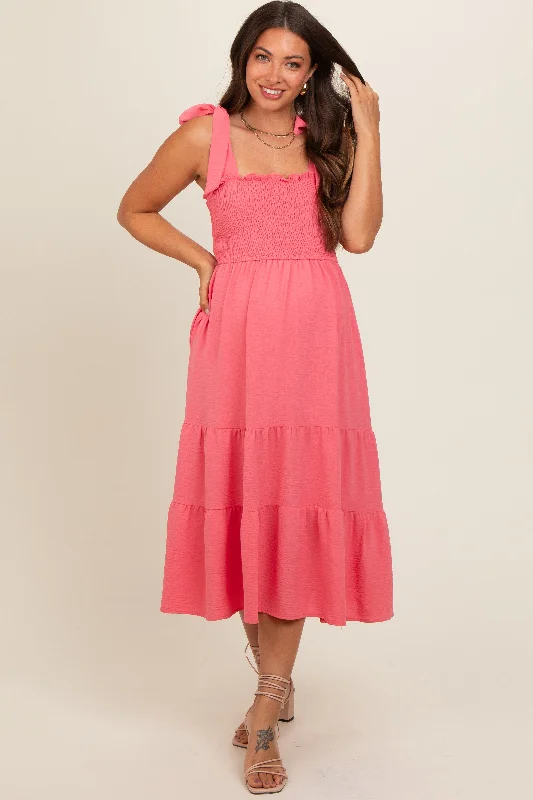 Salmon Smocked Tie Strap Tiered Maternity Midi Dress Trendy Tiered Hem Midi Dress