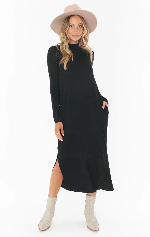 Sutton Midi Dress ~ Black Rib Knit Trendy Off-Shoulder Button Midi Dress