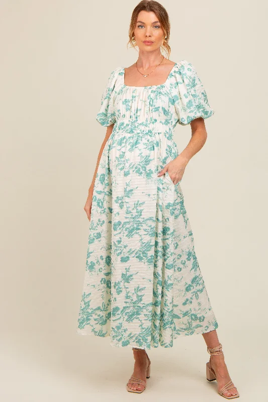 Teal Floral Puff Sleeve Maternity Midi Dress Fashionable Wide Leg Midi Dress