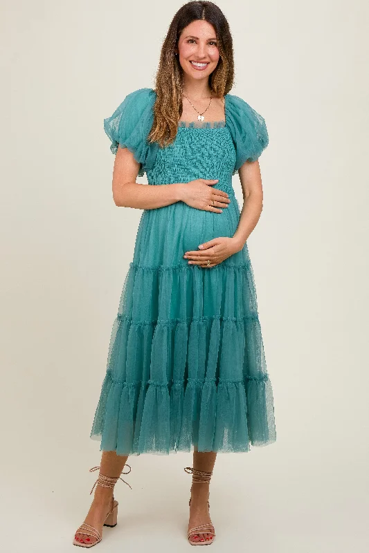 Teal Smocked Tiered Tulle Maternity Midi Dress Stylish Long Sleeve Floral Midi Dress