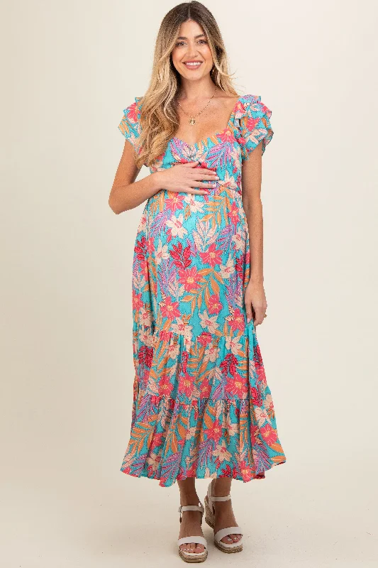 Turquoise Floral Ruffle Sleeve Maternity Midi Dress Elegant Satin Midi Dress