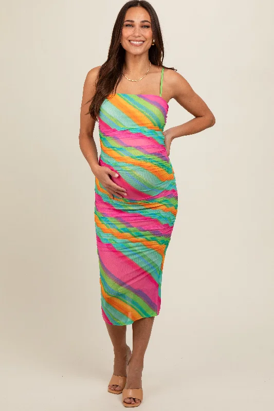 Turquoise Multi Color Mesh Maternity Midi Dress Trendy Long Sleeve Midi Dress