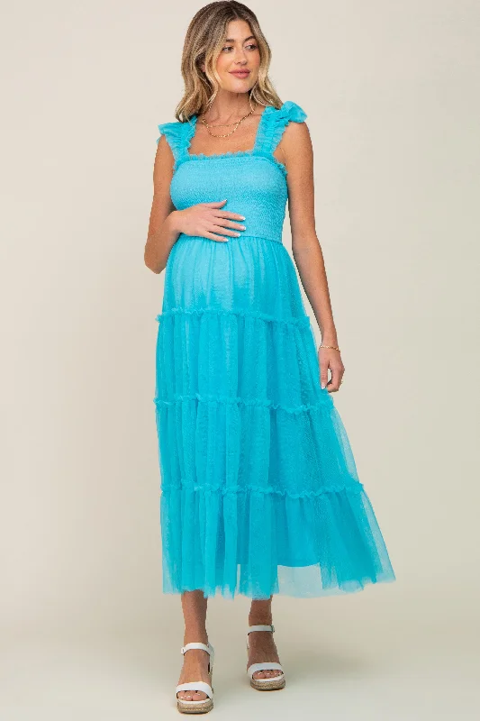 Turquoise Smocked Mesh Ruffle Accent Maternity Midi Dress Elegant Floral Skirt Midi Dress Turquoise Smocked Mesh Ruffle Accent Maternity Midi Dress Elegant Floral Skirt Midi Dress