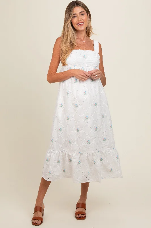 White Eyelet Floral Embroidered Back Tie Cutout Maternity Midi Dress Comfortable Draped Midi Dress White Eyelet Floral Embroidered Back Tie Cutout Maternity Midi Dress Comfortable Draped Midi Dress