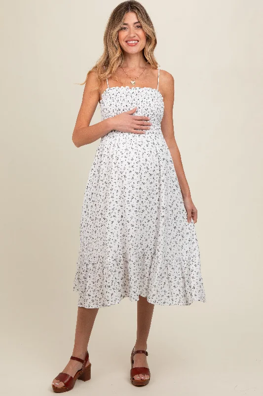 White Floral Smocked Sleeveless Maternity Midi Dress Elegant Satin Midi Dress