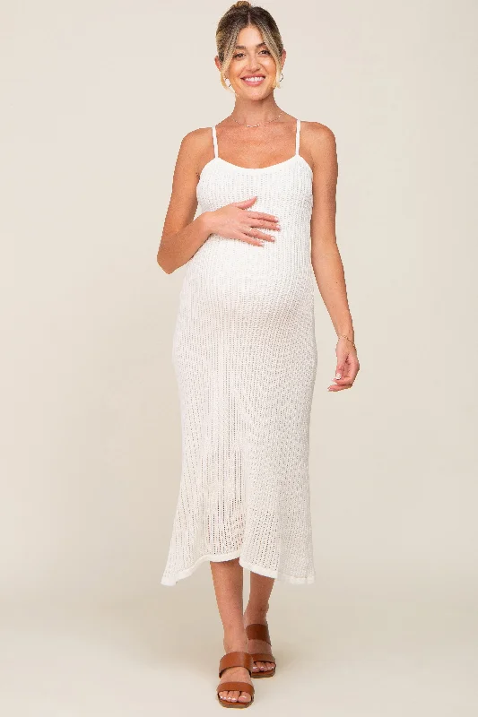 White Open Knit Crochet Maternity Midi Dress Stylish Button-Down Midi Dress