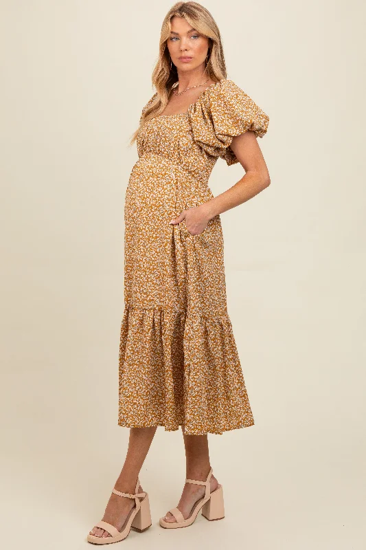Yellow Floral Puffed Sleeve Maternity Midi Dress Trendy Floral Wrap Midi Dress